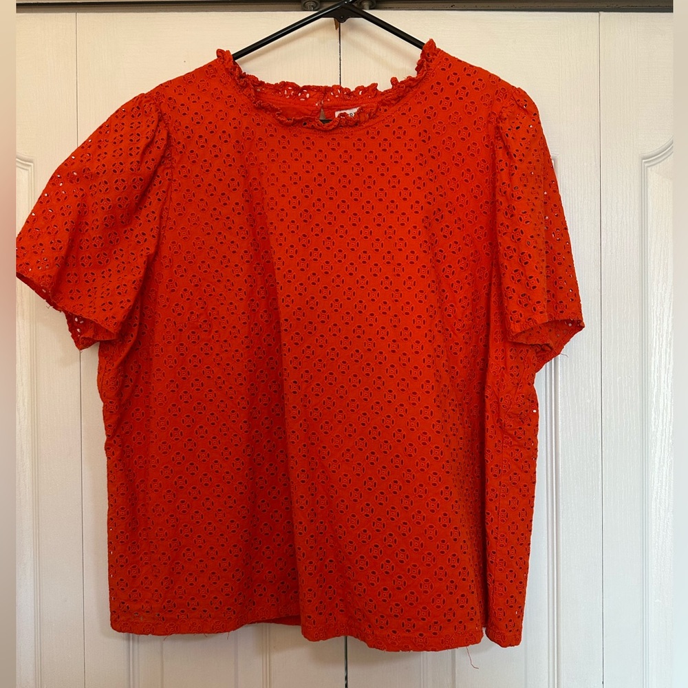 J. Crew Red Eyelet Short Sleeve Blouse